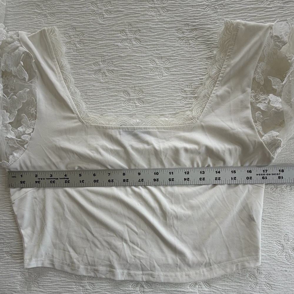 Crop Top white long lace butterfly applique sleeves size XL - Picture 6 of 10